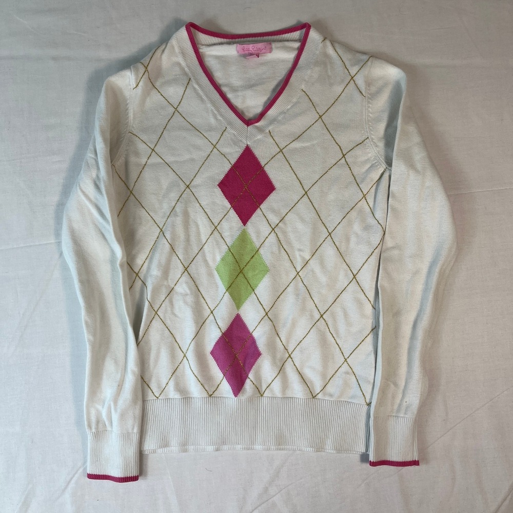 Lilly Pulitzer Argyle Sweater Womens XS White Pink Gold Metallic V-Neck Preppy